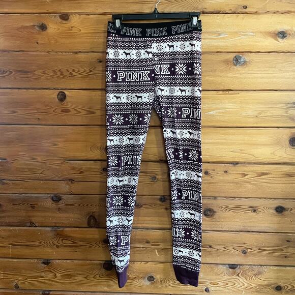 VS PINK Maroon and White Snowflake Thermal Pajamas Small - Picture 1 of 6
